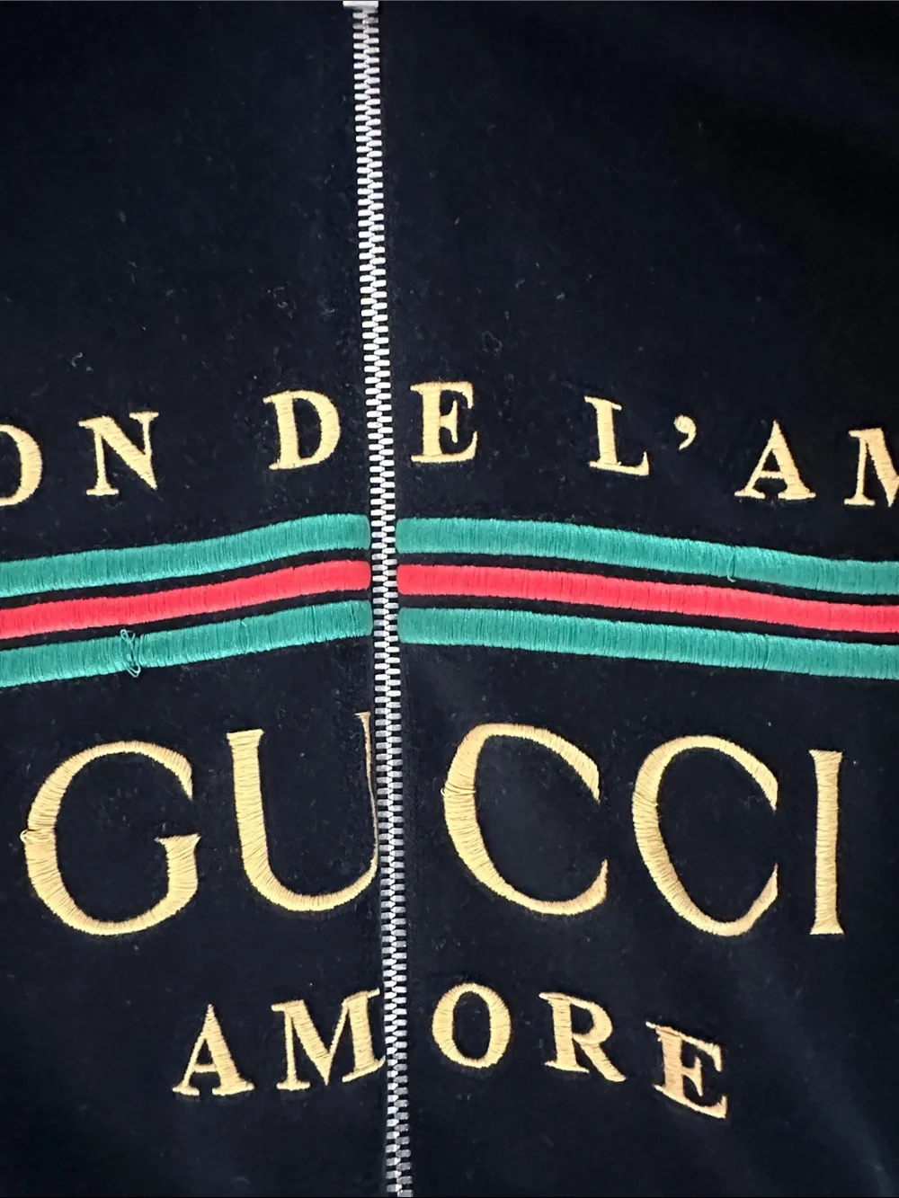 Gucci Black Velvet Zip-Up Bomber with Green & Red Stripe